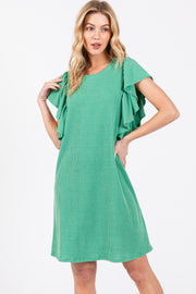 Green Ribbed Ruffle Sleeve Dress