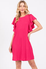 Fuchsia Ribbed Ruffle Sleeve Dress