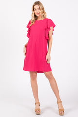 Fuchsia Ribbed Ruffle Sleeve Dress