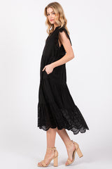 Black V-Neck Eyelet Detail Ruffle Shoulder Tiered Midi Dress