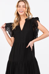 Black V-Neck Eyelet Detail Ruffle Shoulder Tiered Midi Dress