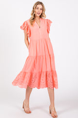 Peach V-Neck Eyelet Detail Ruffle Shoulder Tiered Midi Dress