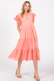 Peach V-Neck Eyelet Detail Ruffle Shoulder Tiered Midi Dress