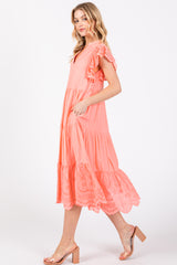 Peach V-Neck Eyelet Detail Ruffle Shoulder Tiered Midi Dress