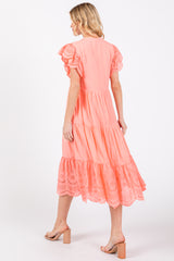 Peach V-Neck Eyelet Detail Ruffle Shoulder Tiered Midi Dress