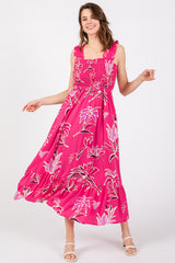 Fuchsia Floral Smocked Maternity Midi Dress