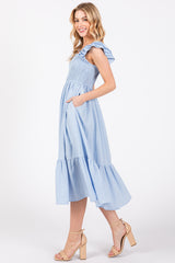 Light Blue Striped Flutter Sleeve Midi Dress