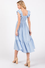 Light Blue Striped Flutter Sleeve Midi Dress