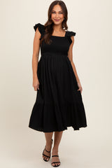 Black Striped Flutter Sleeve Maternity Midi Dress