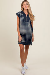 Navy Striped Knit Cap Sleeve Maternity Mini Dress