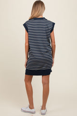 Navy Striped Knit Cap Sleeve Maternity Mini Dress