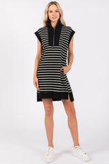 Black Striped Knit Cap Sleeve Mini Dress