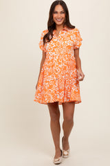 Orange Floral Button Front Collared Maternity Dress