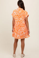 Orange Floral Button Front Collared Maternity Dress