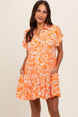 Orange Floral Button Front Collared Maternity Dress