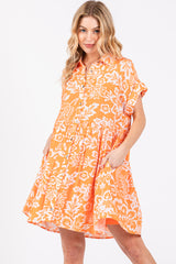 Orange Floral Button Front Collared Maternity Dress