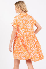 Orange Floral Button Front Collared Dress