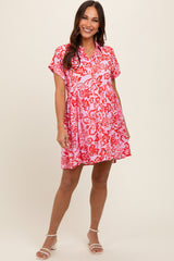 Red Floral Button Front Collared Maternity Dress