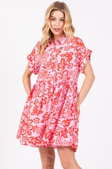 Red Floral Button Front Collared Dress