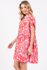 Red Floral Button Front Collared Dress