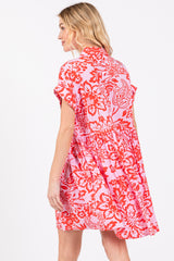 Red Floral Button Front Collared Dress