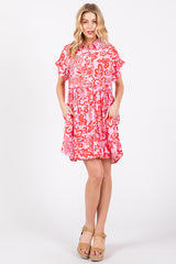 Red Floral Button Front Collared Dress