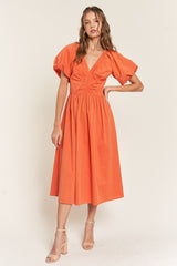 Rust V Neck Midi Dress