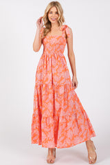 Orange Floral Tiered Shoulder Tie Maternity Dress