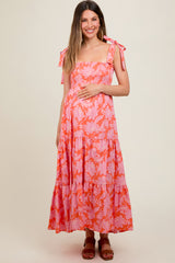 Orange Floral Tiered Shoulder Tie Maternity Dress