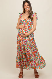 Cream Multi-Color Floral Smocked Sleeveless Maternity Maxi Dress