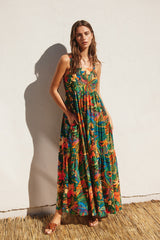 Forest Green Tropical Print Tiered Maternity Maxi Dress