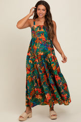 Forest Green Tropical Print Tiered Maternity Maxi Dress