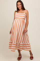 Orange Linen Striped Tie Back Maternity Midi Dress