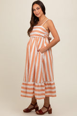 Orange Linen Striped Tie Back Maternity Midi Dress