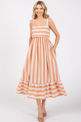 Orange Linen Striped Tie Back Midi Dress