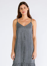 Charcoal Chambray Ruffle Hem Maxi Dress