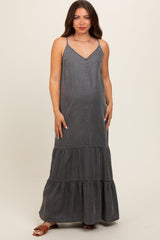 Charcoal Chambray Ruffle Hem Maternity Maxi Dress