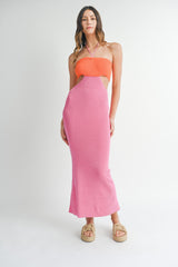 Orange Pink Colorblock Fitted Maternity Maxi