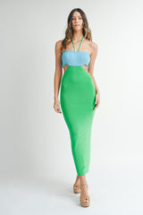 Blue Green Colorblock Fitted Maxi