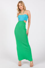 Blue Green Colorblock Fitted Maxi