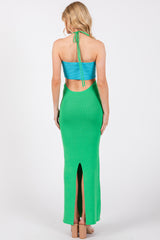 Blue Green Colorblock Fitted Maxi