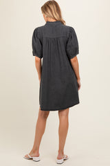 Black Button Down Puff Sleeve Maternity Dress