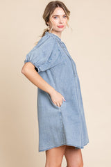 Blue Button Down Puff Sleeve Dress