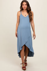 Blue Sleeveless Crisscross High-Low Wrap Maternity Midi Dress