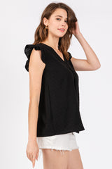 Black Swiss Dot Flutter Sleeve V-Neck Top