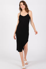 Black Ribbed Side Slit Sleeveless Midi Dress