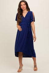 Navy Blue Flutter Sleeve Waist Tie Maternity Nursing Dress