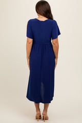 Navy Blue Flutter Sleeve Waist Tie Maternity Nursing Dress