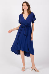 Navy Blue Flutter Sleeve Waist Tie Nursing Dress