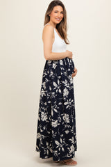 Navy Colorblock Floral Maternity Maxi Dress